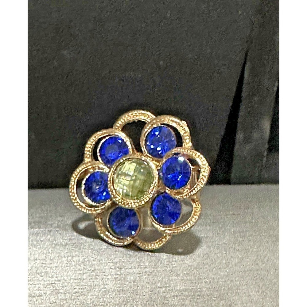 Vintage Blue Green Glass Flower Floral ‎ Adjustable Statement Ring